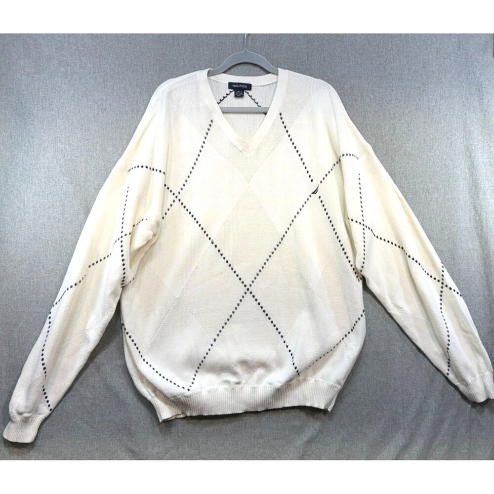 Vintage Nautica Mens Preppy Nautical Knit Sweater XXL White Argyle
